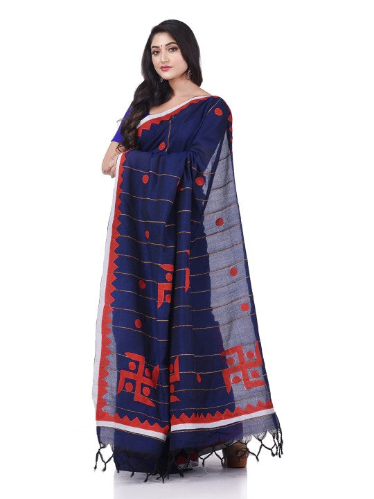 DESH BIDESH Striped Swastik Designed Pure Cotton Traditional Taant Saree