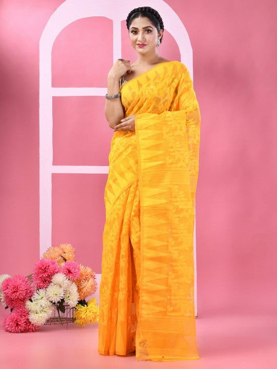 DESH BIDESH Floral Woven Design Pure Cotton Jamdani Saree