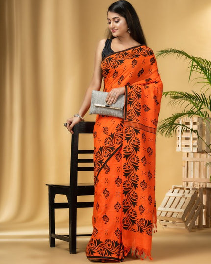 Orange & Black Ethnic Motifs Printed Pure Cotton Handloom Taant Saree