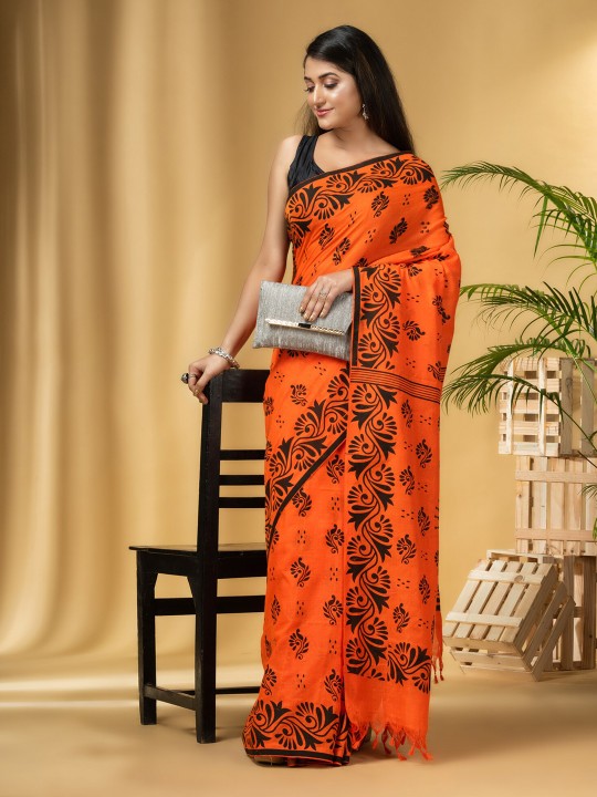 Orange & Black Ethnic Motifs Printed Pure Cotton Handloom Taant Saree