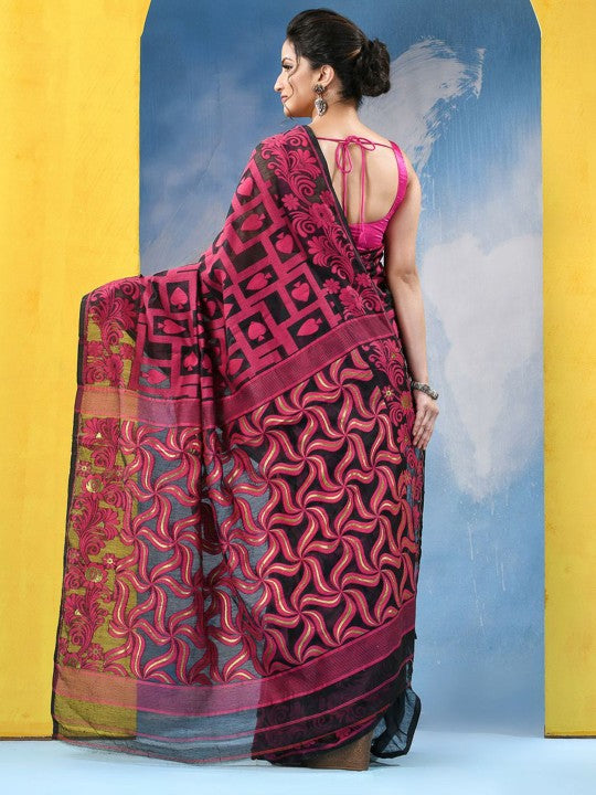 DESH BIDESH Ethnic Motifs Handloom Jamdani Saree with Contrast Border