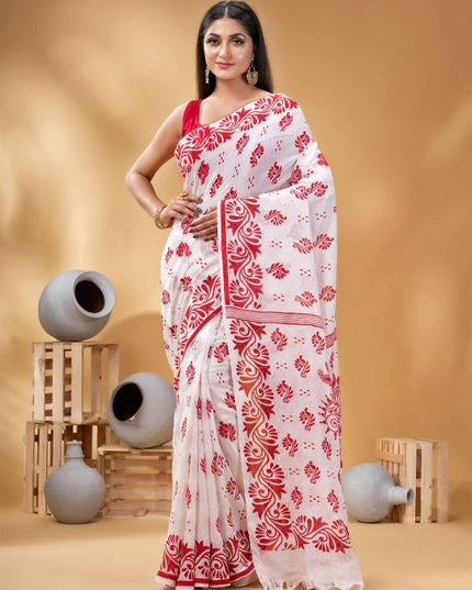 Exquisite Pure Cotton White Saree with Red Ethnic Block Prints and Border