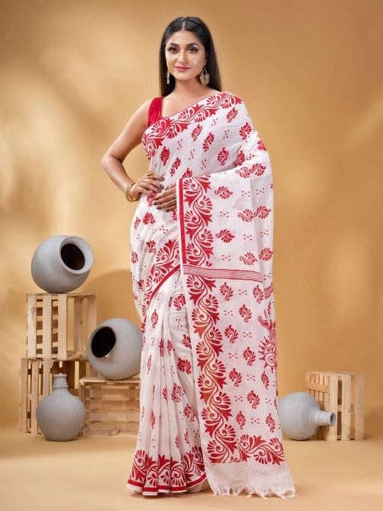 Exquisite Pure Cotton White Saree with Red Ethnic Block Prints and Border