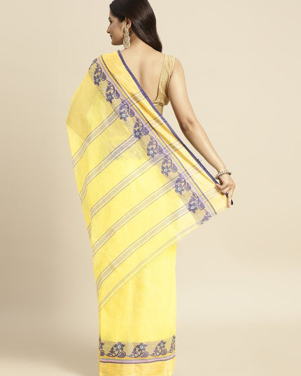 DESH BIDESH Yellow & Purple Ethnic Motifs Pure Cotton Taant Saree