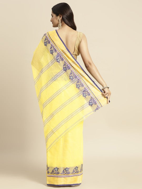 DESH BIDESH Yellow & Purple Ethnic Motifs Pure Cotton Taant Saree
