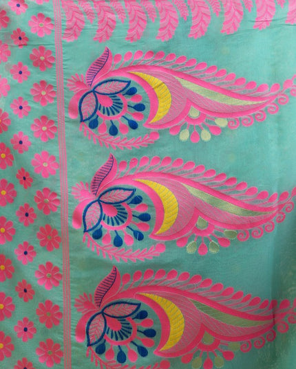 DESH BIDESH Turquoise Blue & Pink Woven Design Pure Cotton Handloom Jamdani Saree