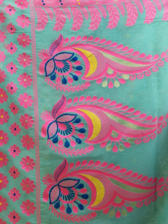 DESH BIDESH Turquoise Blue & Pink Woven Design Pure Cotton Handloom Jamdani Saree