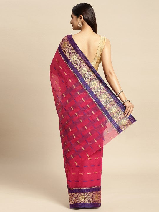 DESH BIDESH Pink Ethnic Motifs Pure Cotton Taant Saree