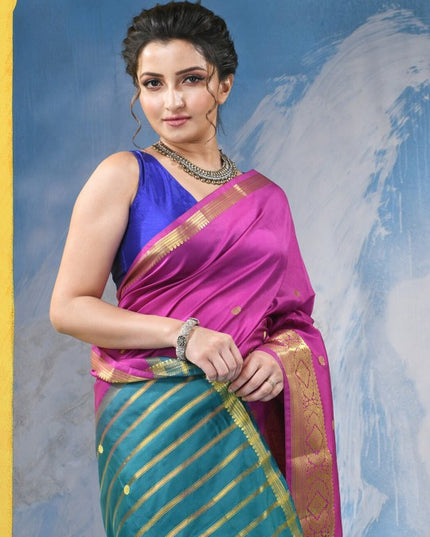 Exquisite Magenta Green Kanjeevaram Silk Blend Zari Woven Saree with Unstitched Blouse Piece