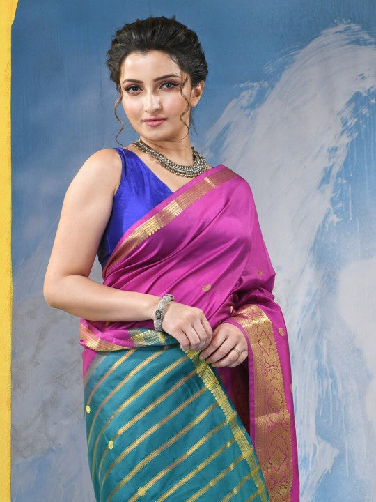 Exquisite Magenta Green Kanjeevaram Silk Blend Zari Woven Saree with Unstitched Blouse Piece