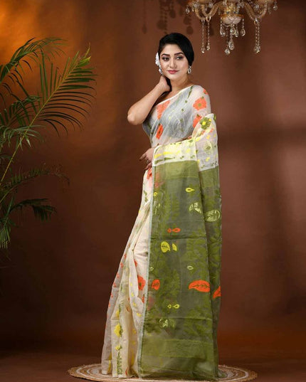 DESH BIDESH Elegant White & Green Paisley Woven Phulkari Jamdani Saree