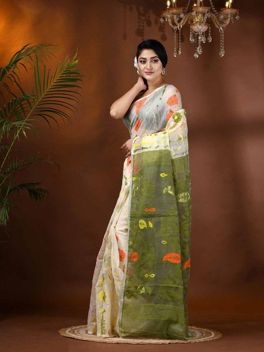 DESH BIDESH Elegant White & Green Paisley Woven Phulkari Jamdani Saree