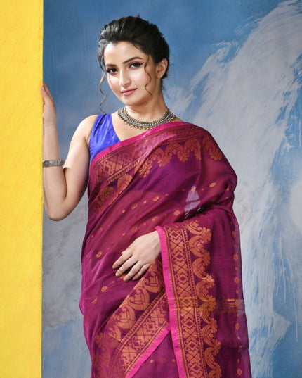 Exquisite Pink & Gold Woven Zari Pure Cotton Blend Saree with Intricate Floral Design