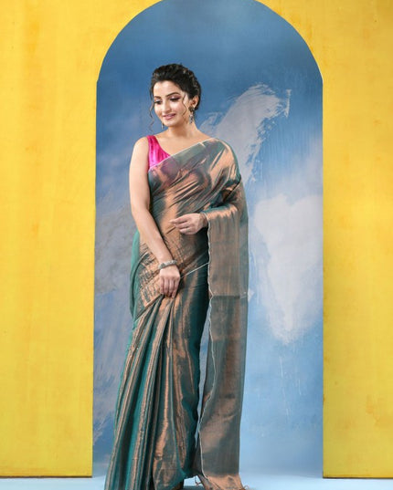 Exquisite Green and Gold Embellished Tissue Taant Saree for Women