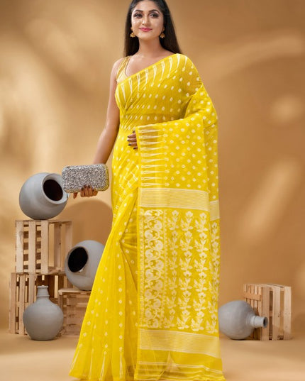 Exquisite Yellow & White Woven Pure Cotton Handloom Jamdani Saree with Border
