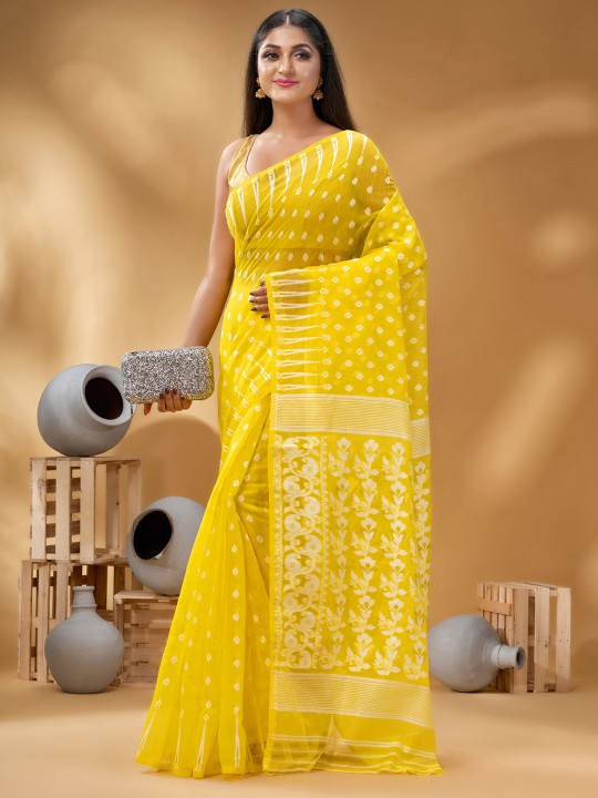 Exquisite Yellow & White Woven Pure Cotton Handloom Jamdani Saree with Border