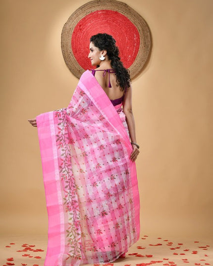 DESH BIDESH Pink Floral Pure Cotton Block Print Saree without Blouse