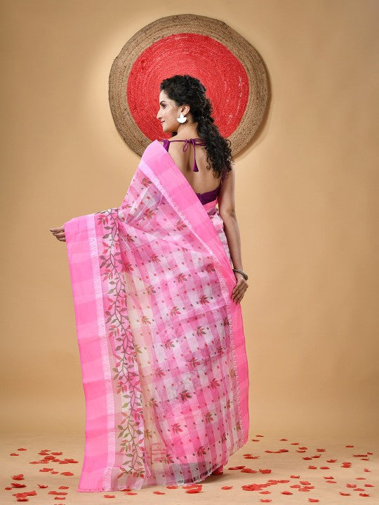 DESH BIDESH Pink Floral Pure Cotton Block Print Saree without Blouse