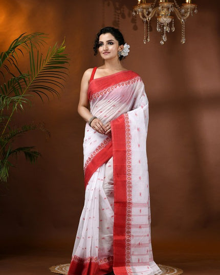 Exquisite White & Red Pure Cotton Taant Saree with Ethnic Motifs