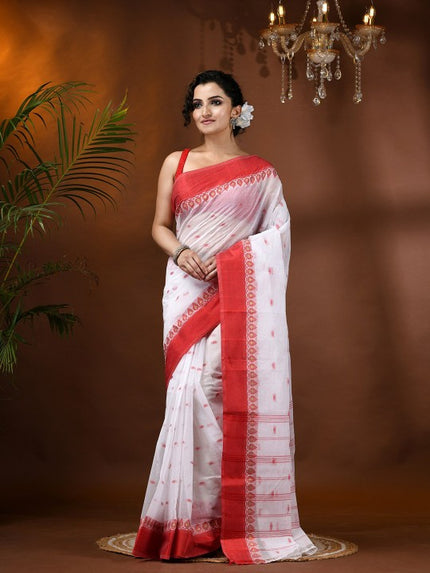 Exquisite White & Red Pure Cotton Taant Saree with Ethnic Motifs