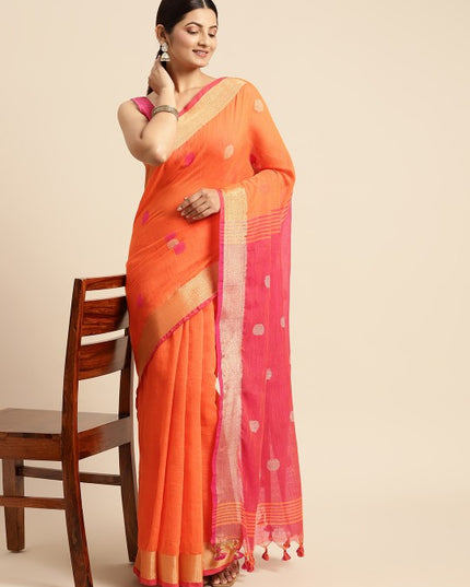 DESH BIDESH Orange & Beige Geometric Design Pure Cotton Taant Saree