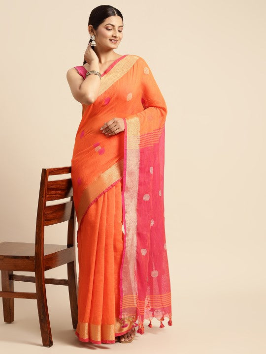 DESH BIDESH Orange & Beige Geometric Design Pure Cotton Taant Saree