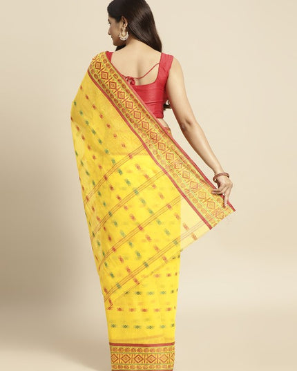 DESH BIDESH Yellow & Pink Ethnic Motifs Pure Cotton Taant Saree