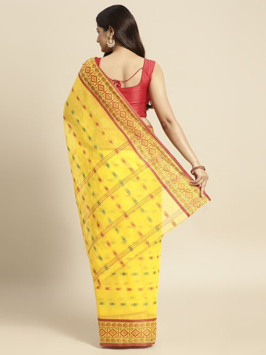 DESH BIDESH Yellow & Pink Ethnic Motifs Pure Cotton Taant Saree