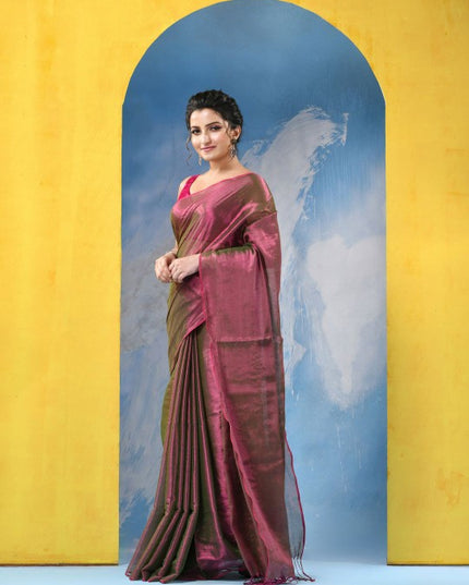DESH BIDESH Magenta & Gold-Toned Tissue Taant Saree for Women - Traditional Weave with No Border