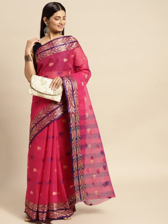 DESH BIDESH Pink Ethnic Motifs Pure Cotton Taant Saree