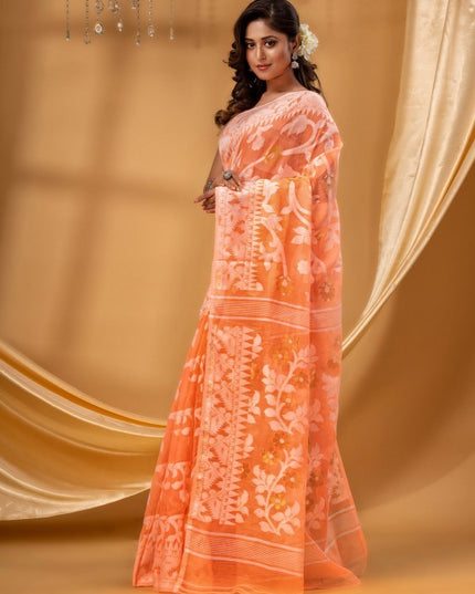 DESH BIDESH Orange White Pure Cotton Jamdani Saree with Woven Floral Design