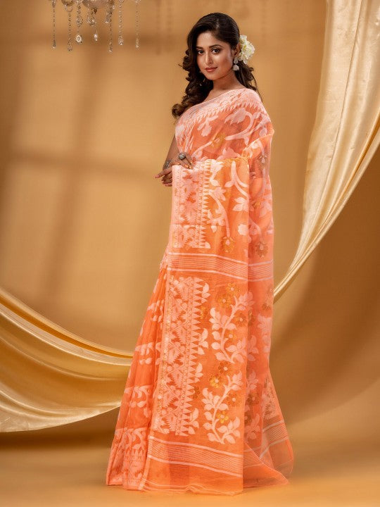DESH BIDESH Orange White Pure Cotton Jamdani Saree with Woven Floral Design