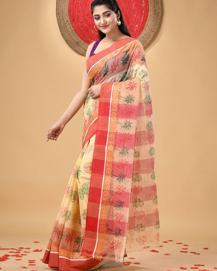 Exquisite Floral Printed Pure Cotton Block Print Saree with Woven Design Border