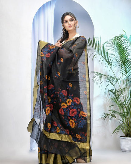 Exquisite Floral Printed Black & Gold Zari Border Saree for Women