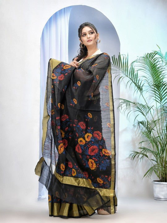 Exquisite Floral Printed Black & Gold Zari Border Saree for Women
