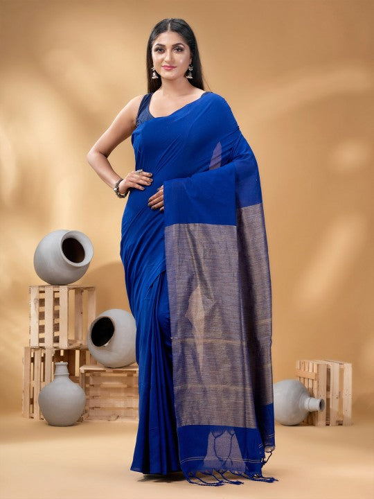 DESH BIDESH Elegant Pure Cotton Khadi Saree with Woven Design, Royal Blue & Gold Hue