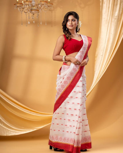 DESH BIDESH Women's Exquisite White & Red Zari Woven Pure Cotton Taant Saree