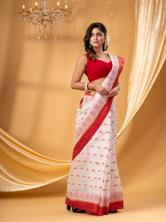 DESH BIDESH Women's Exquisite White & Red Zari Woven Pure Cotton Taant Saree