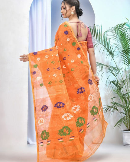 DESH BIDESH Orange Green Woven Zari Pure Cotton Jamdani Saree