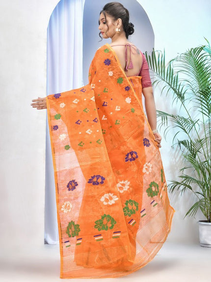 DESH BIDESH Orange Green Woven Zari Pure Cotton Jamdani Saree