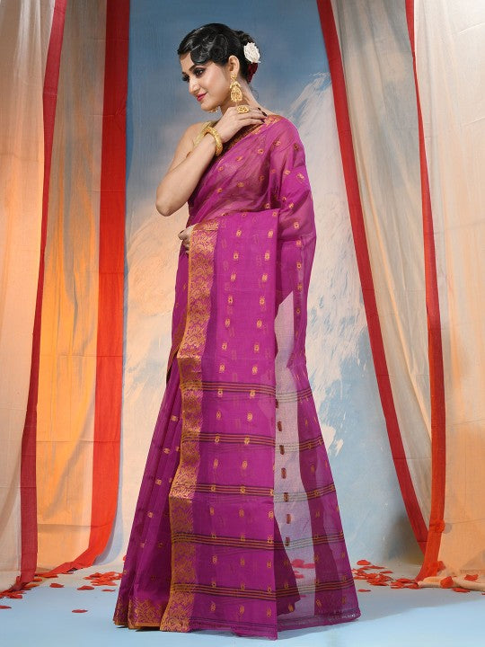 Exquisite Pink Gold Woven Design Pure Cotton Handloom Saree for Women