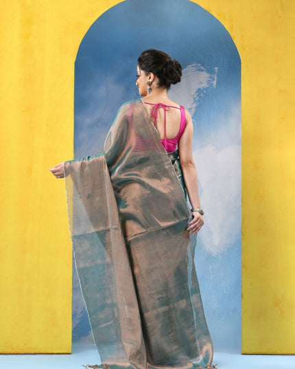 Exquisite Green and Gold Embellished Tissue Taant Saree for Women