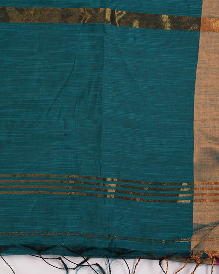 dB DESH BIDESH Women`s Cotton Silk ajrakh Saree with Gold Zari Border RoopZari Trendy Cotton Soft Silk Saree | Saree for Woman (Teal Green)