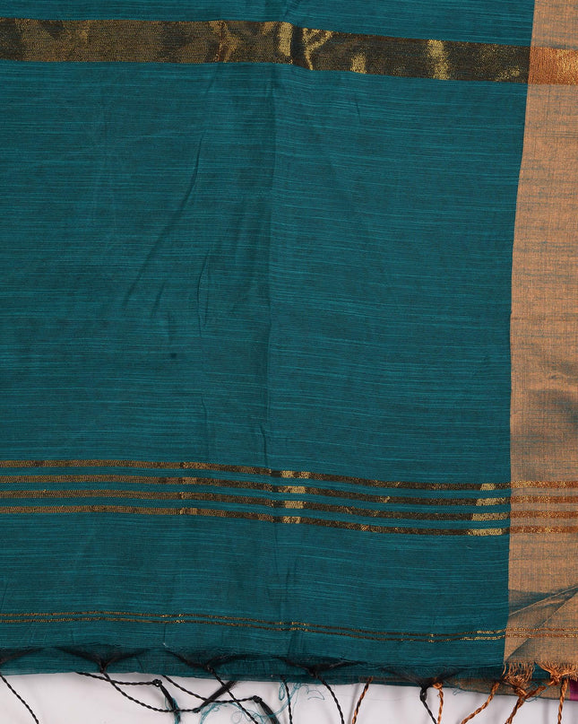 dB DESH BIDESH Women`s Cotton Silk ajrakh Saree with Gold Zari Border RoopZari Trendy Cotton Soft Silk Saree | Saree for Woman (Teal Green)