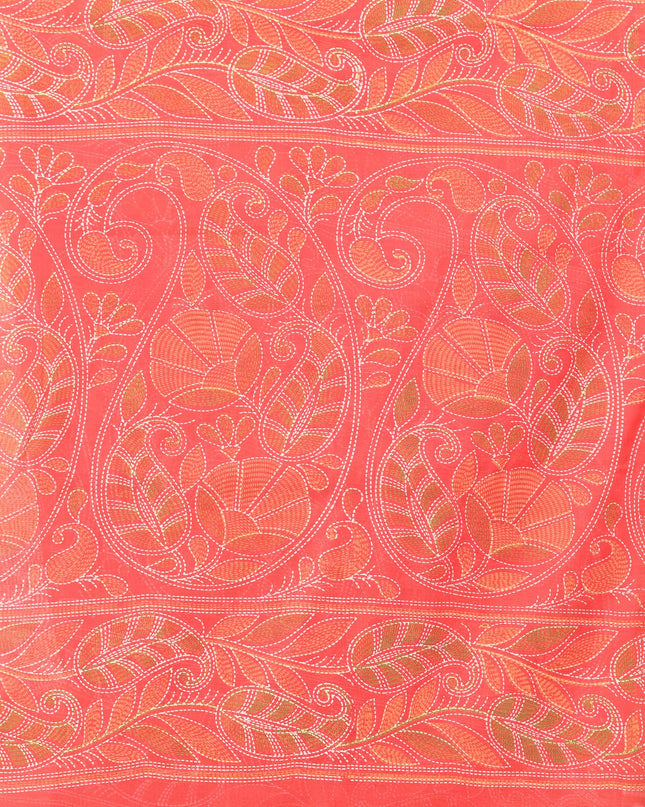 dB DESH BIDESH Women`s Cotton Saree For Woman Nakshakata Leaf kolka Embroidery Printed Trendy Soft Cotton Silk Women Sarees with Blouse Piece (RED)