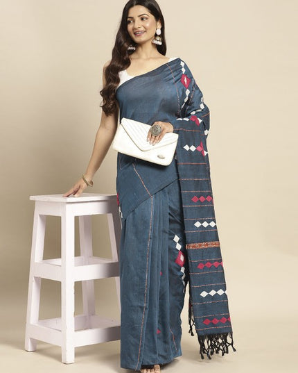 DESH BIDESH Navy Blue & White Pure Cotton Taant Saree