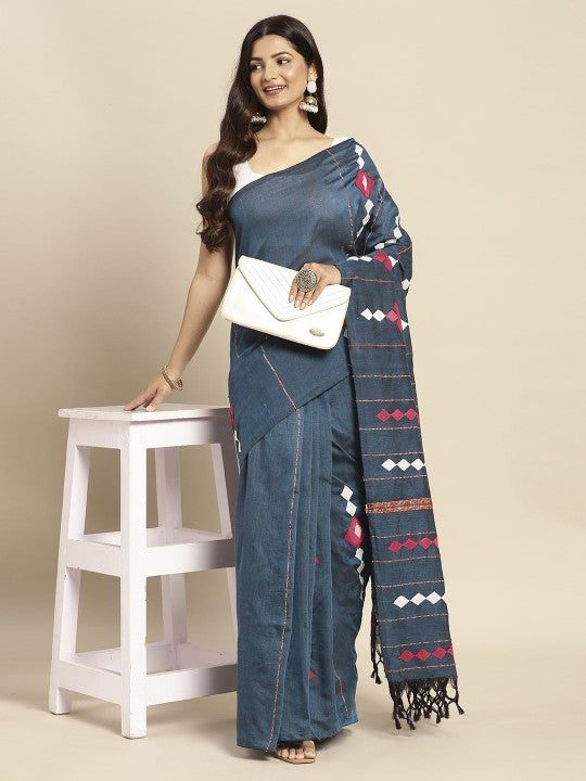 DESH BIDESH Navy Blue & White Pure Cotton Taant Saree