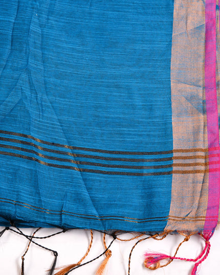 dB DESH BIDESH Women`s Cotton Silk ajrakh Saree with Gold Zari Border RoopZari Trendy Cotton Soft Silk Saree | Saree for Woman (Peacock Blue)