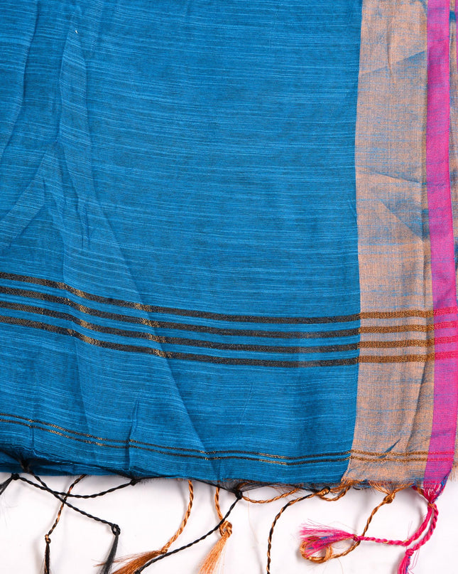 dB DESH BIDESH Women`s Cotton Silk ajrakh Saree with Gold Zari Border RoopZari Trendy Cotton Soft Silk Saree | Saree for Woman (Peacock Blue)