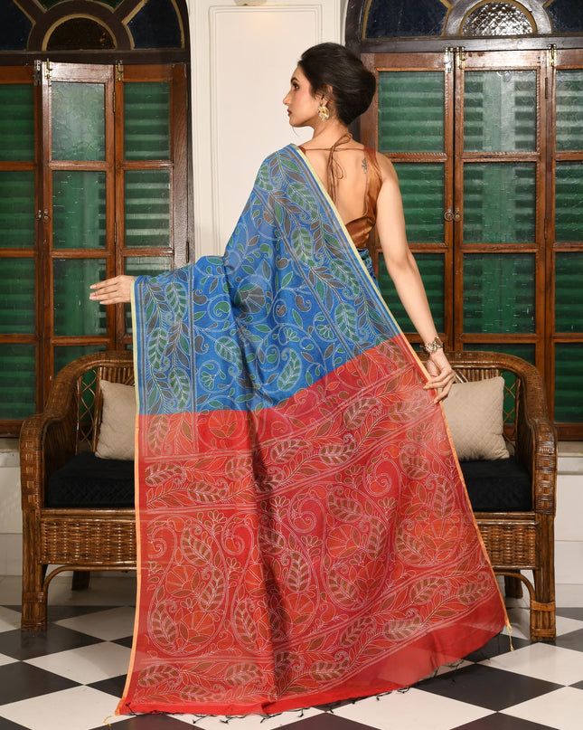 dB DESH BIDESH Women`s Cotton Saree For Woman Nakshakata Flower Kolka Leaf Embroidery Printed Trendy Soft Cotton Silk Women Sarees with Blouse Piece (Blue Red)